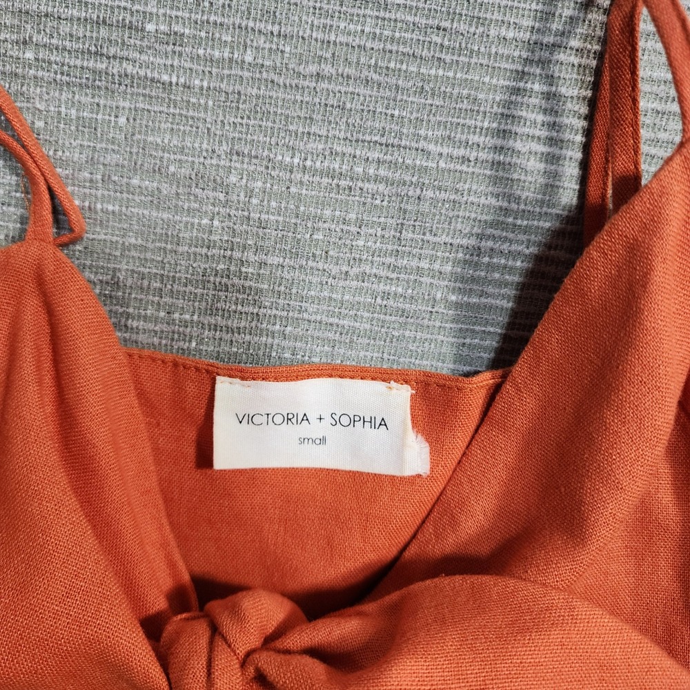 Victoria + Sophia Burnt Orange Linen Blend Tie Front Button Midi Dress Small - Picture 3 of 10